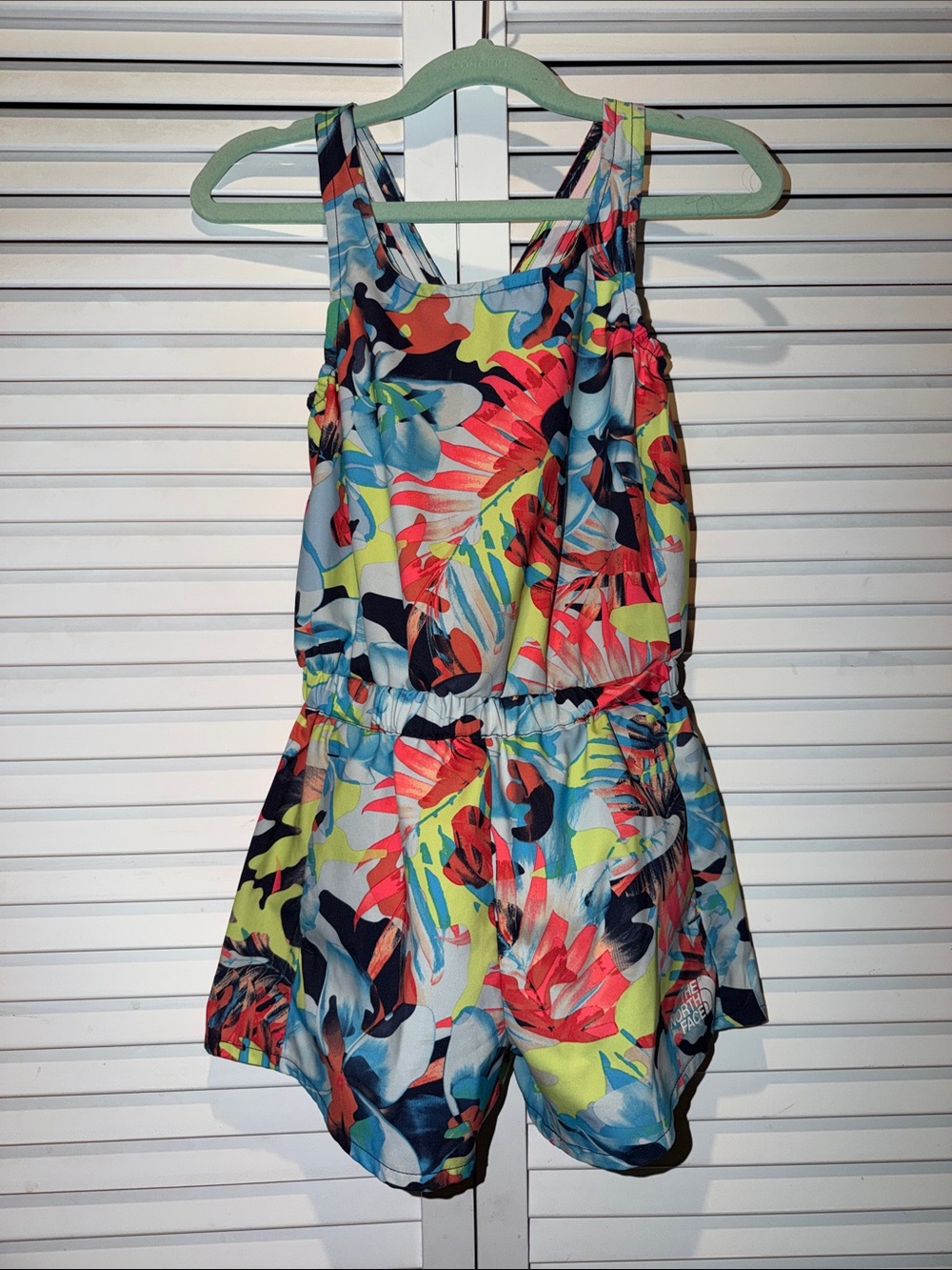 The North Face Girls' Tropical Leaf Print Romper - Blue, Red, Yellow, Black